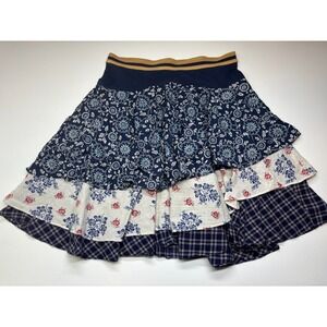 Free People Skirt 6 Blue Tiered Floral Plaid Pull On Hankerchief Full Cotton